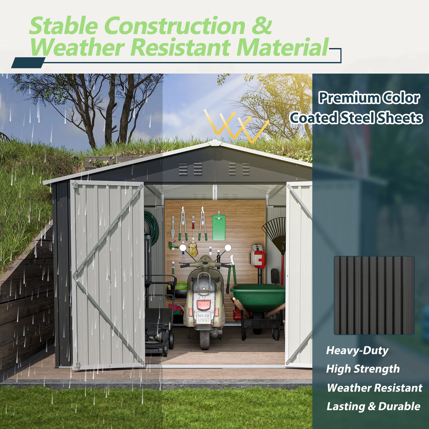 Outdoor Storage Shed 10x10 FT, Utility Metal Tool Storage with Lockable Doors and Updated Frame Structure, Large Metal Garden Shed for Backyard, Patio Lawn, Black
