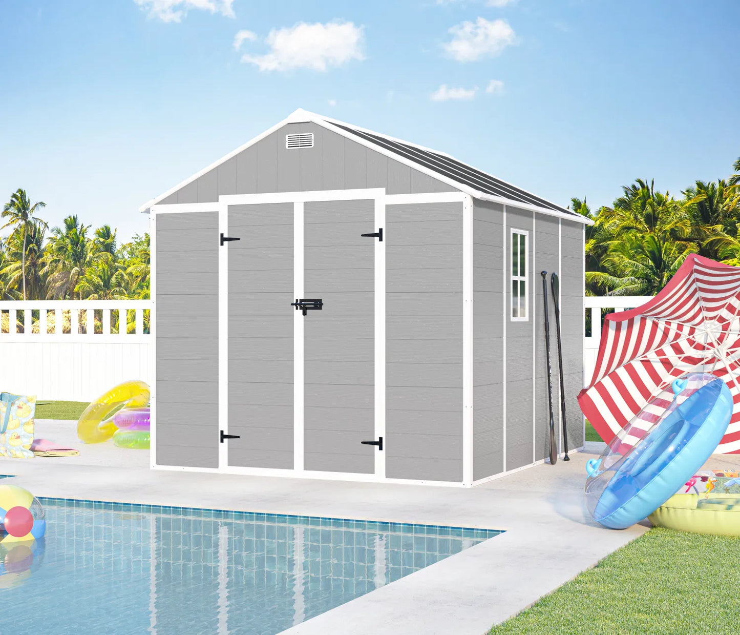 Campcraft 8*8ft resin storage shed, high quality pp material, strong structure, waterproof, rust and UV proof, large storage space, 12mm thick pp board, HD window lighting