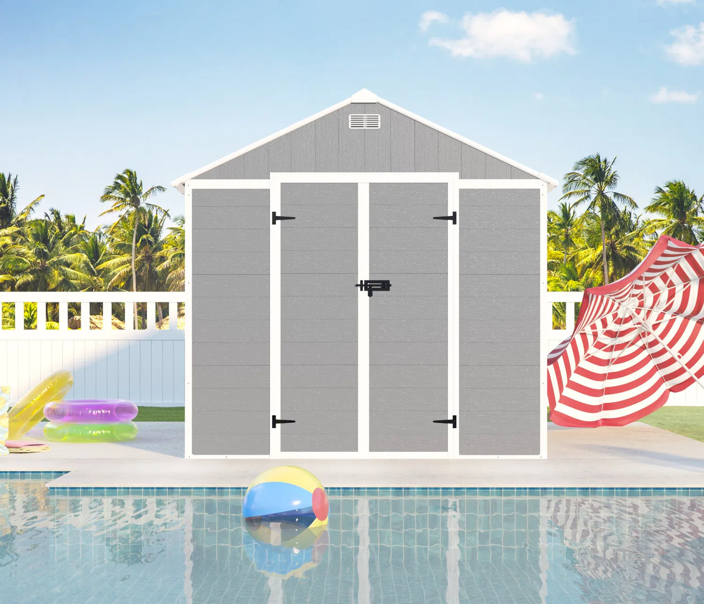 Campcraft 8*8ft resin storage shed, high quality pp material, strong structure, waterproof, rust and UV proof, large storage space, 12mm thick pp board, HD window lighting