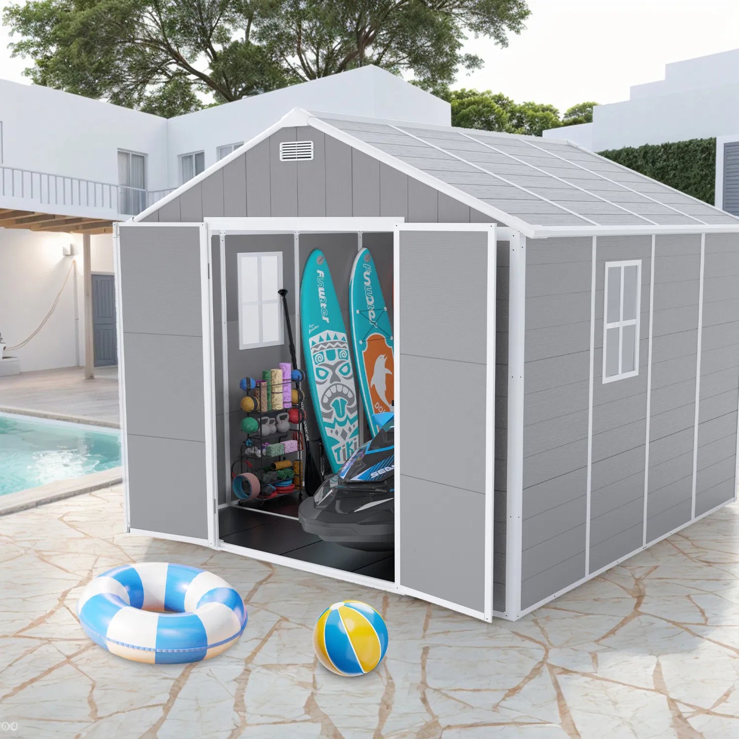 Campcraft 8*8ft resin storage shed, high quality pp material, strong structure, waterproof, rust and UV proof, large storage space, 12mm thick pp board, HD window lighting