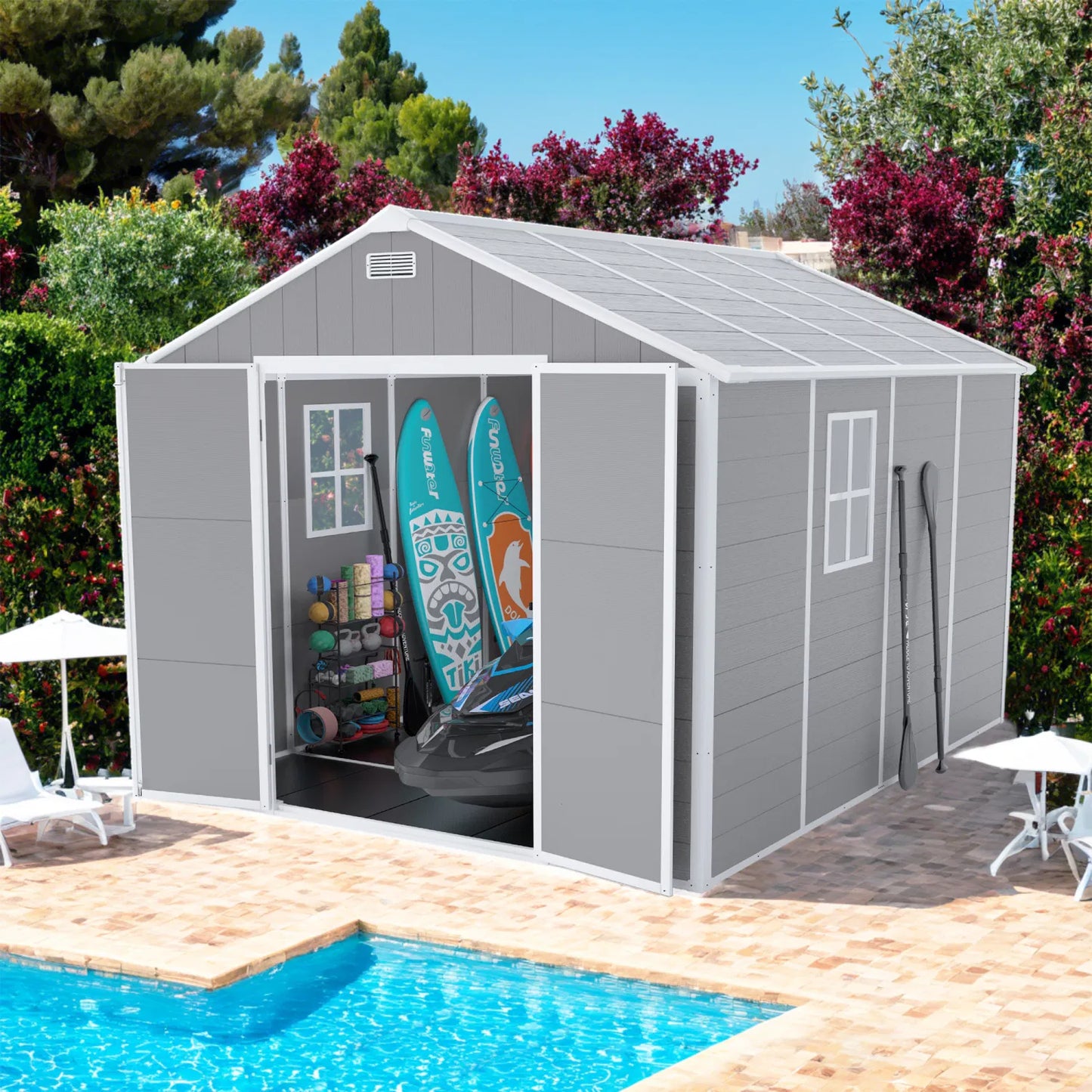 Campcraft 8*8ft resin storage shed, high quality pp material, strong structure, waterproof, rust and UV proof, large storage space, 12mm thick pp board, HD window lighting