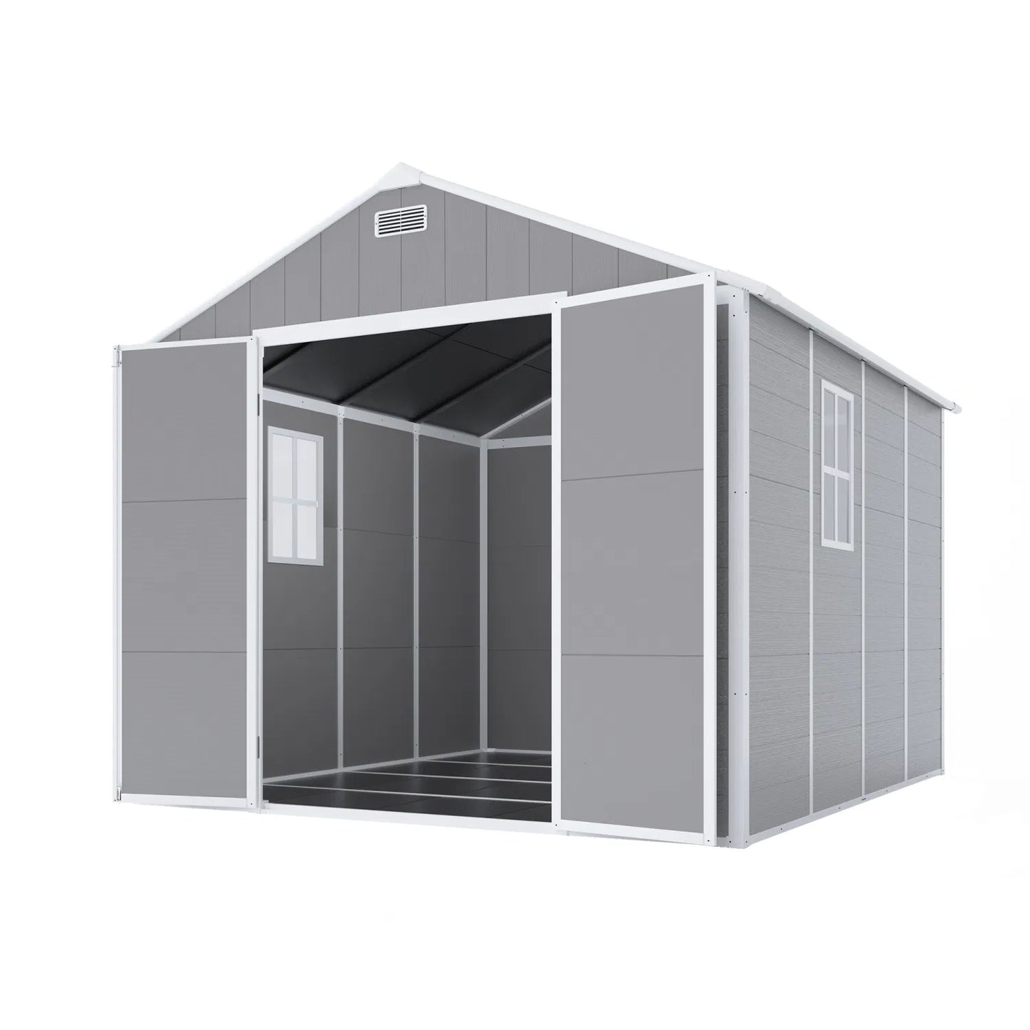 Campcraft 8*8ft resin storage shed, high quality pp material, strong structure, waterproof, rust and UV proof, large storage space, 12mm thick pp board, HD window lighting