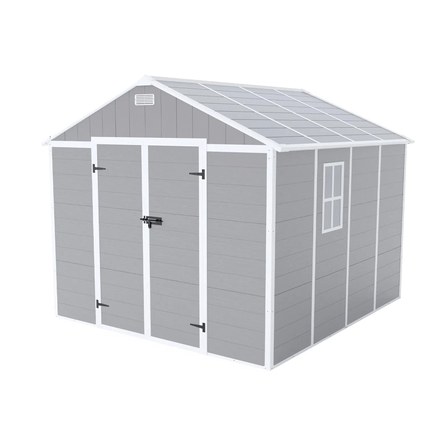 Campcraft 8*8ft resin storage shed, high quality pp material, strong structure, waterproof, rust and UV proof, large storage space, 12mm thick pp board, HD window lighting
