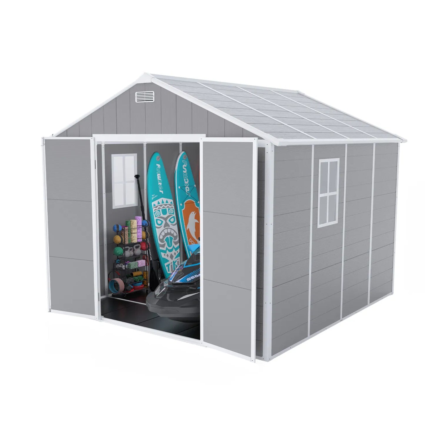Campcraft 8*8ft resin storage shed, high quality pp material, strong structure, waterproof, rust and UV proof, large storage space, 12mm thick pp board, HD window lighting
