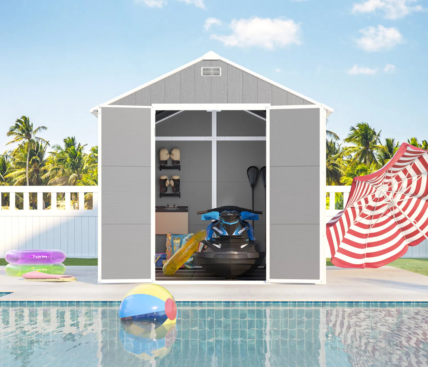 Campcraft 8*8ft resin storage shed, high quality pp material, strong structure, waterproof, rust and UV proof, large storage space, 12mm thick pp board, HD window lighting