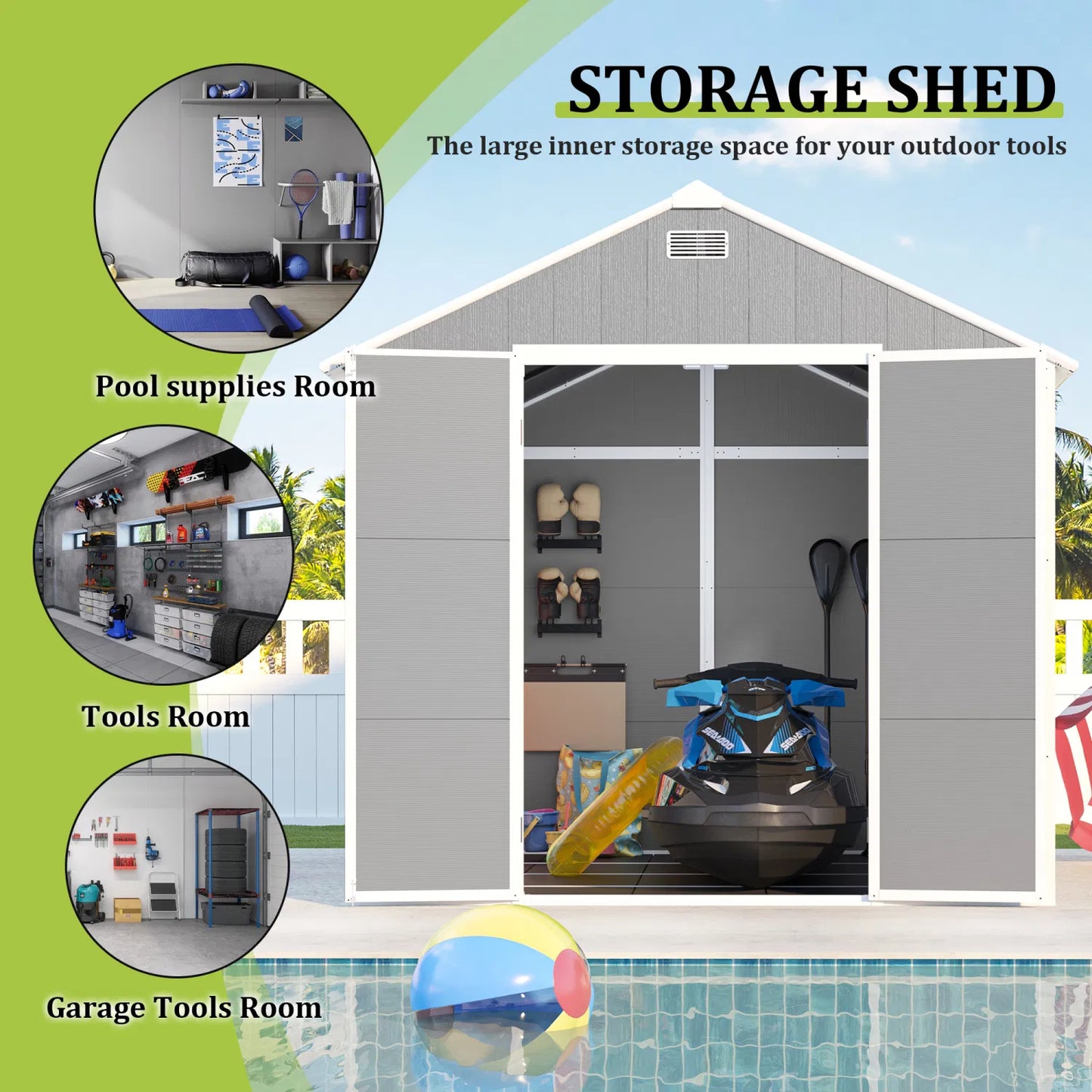 Campcraft 8*8ft resin storage shed, high quality pp material, strong structure, waterproof, rust and UV proof, large storage space, 12mm thick pp board, HD window lighting