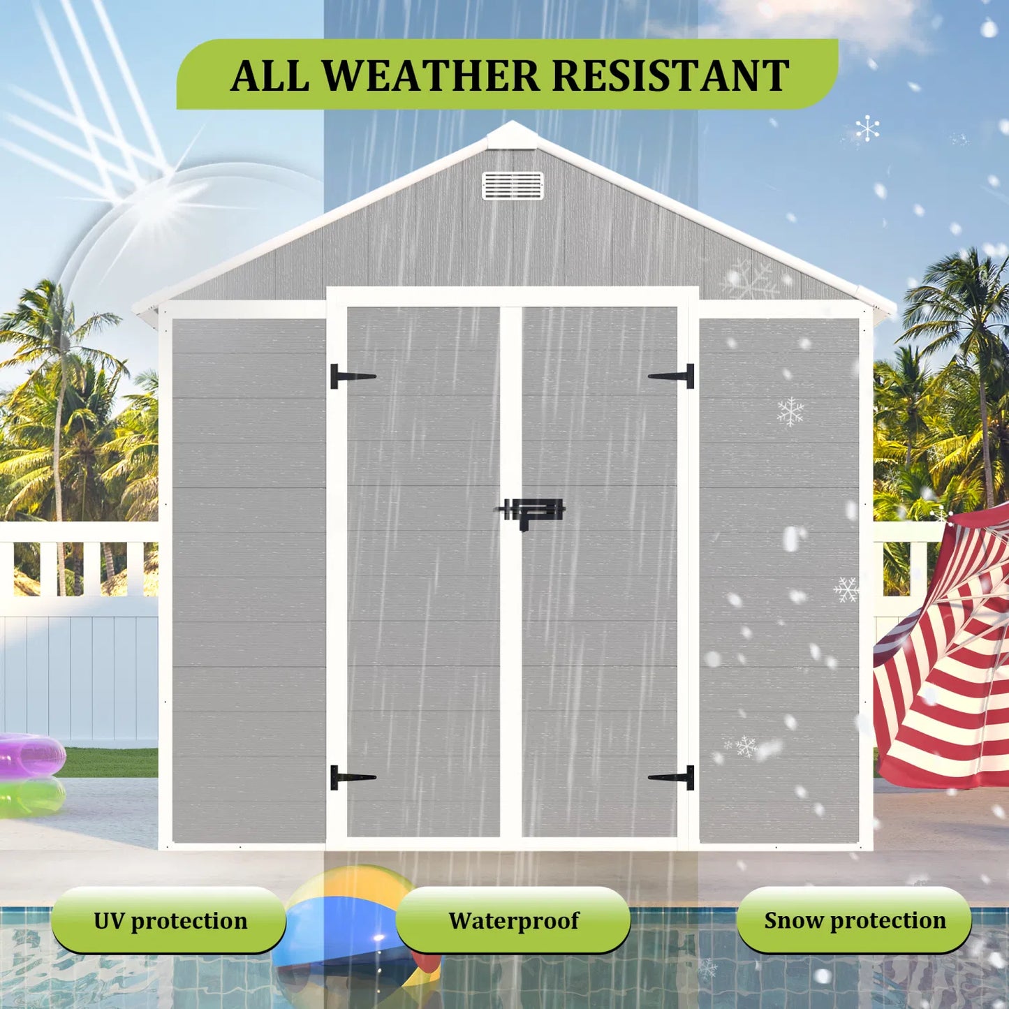 Campcraft 8*8ft resin storage shed, high quality pp material, strong structure, waterproof, rust and UV proof, large storage space, 12mm thick pp board, HD window lighting