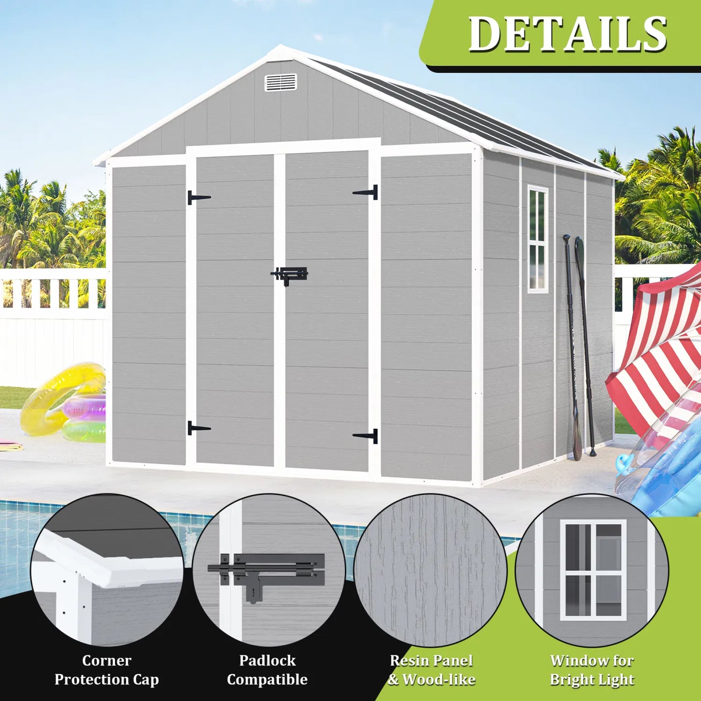 Campcraft 8*8ft resin storage shed, high quality pp material, strong structure, waterproof, rust and UV proof, large storage space, 12mm thick pp board, HD window lighting