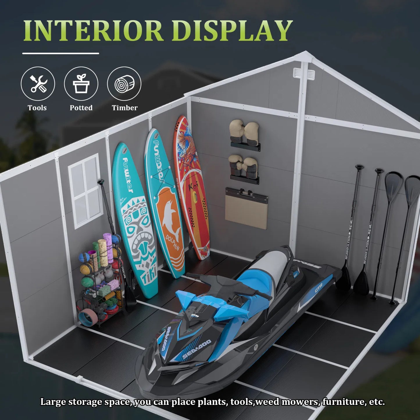 Campcraft 8*8ft resin storage shed, high quality pp material, strong structure, waterproof, rust and UV proof, large storage space, 12mm thick pp board, HD window lighting