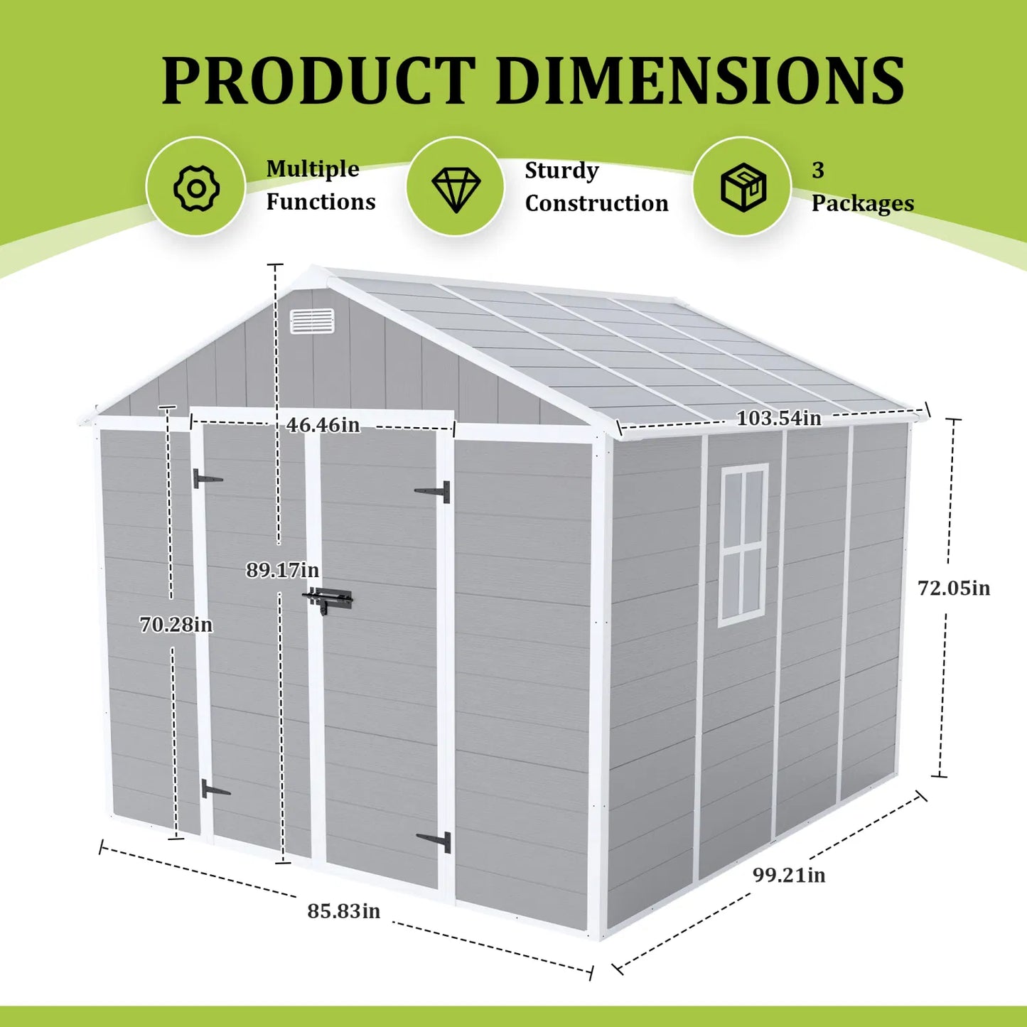 Campcraft 8*8ft resin storage shed, high quality pp material, strong structure, waterproof, rust and UV proof, large storage space, 12mm thick pp board, HD window lighting