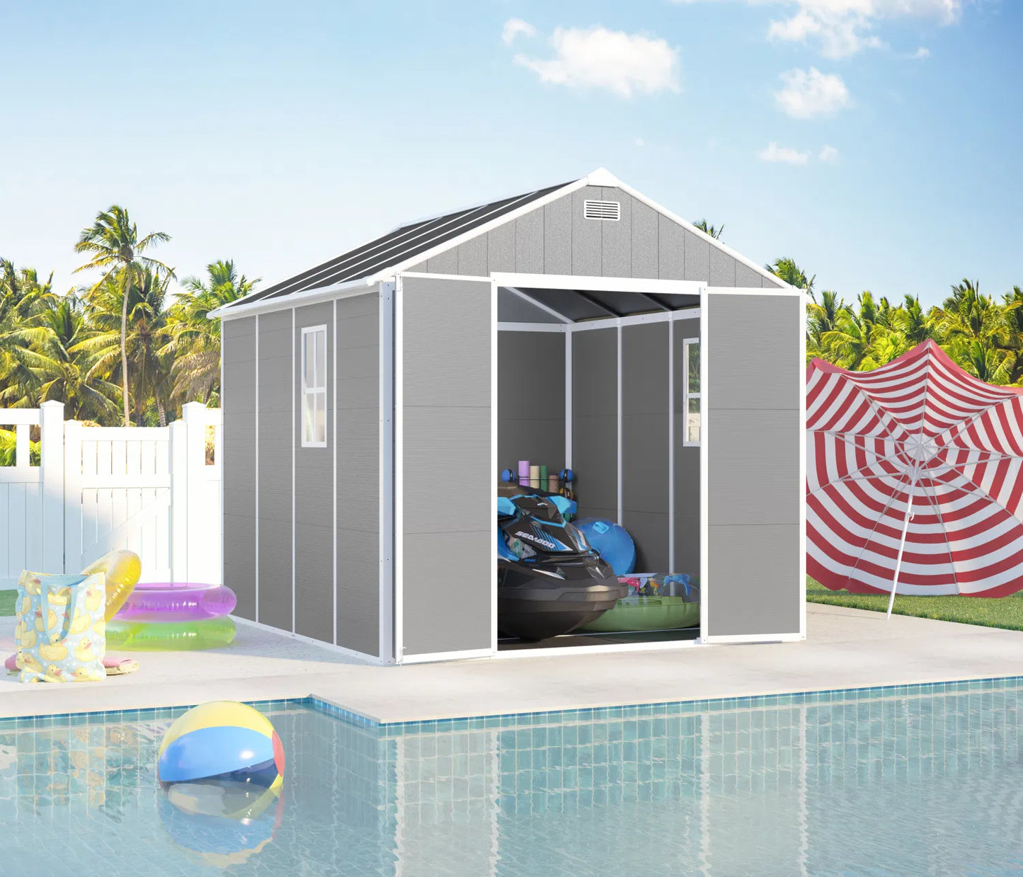 Campcraft 8*8ft resin storage shed, high quality pp material, strong structure, waterproof, rust and UV proof, large storage space, 12mm thick pp board, HD window lighting
