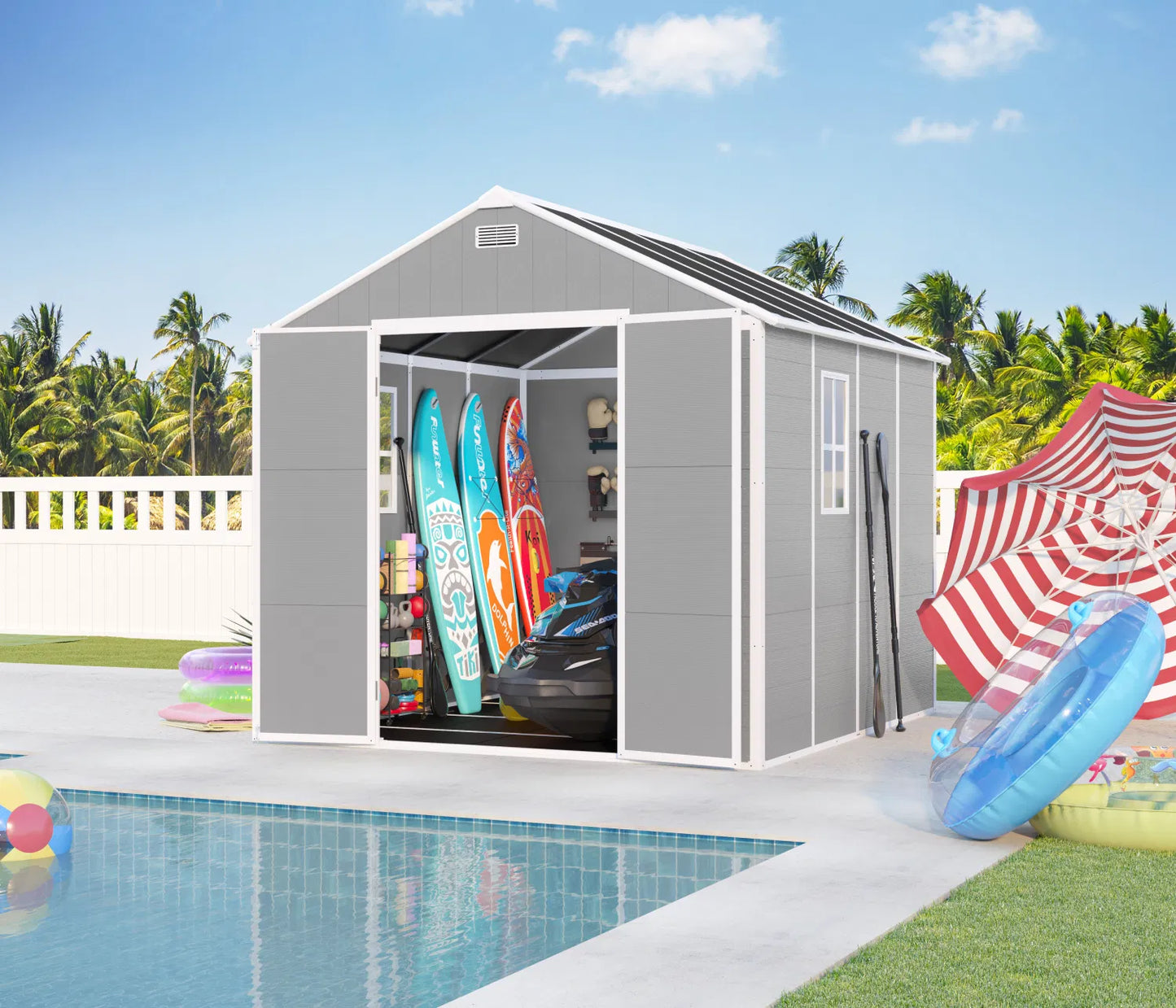 Campcraft 8*8ft resin storage shed, high quality pp material, strong structure, waterproof, rust and UV proof, large storage space, 12mm thick pp board, HD window lighting