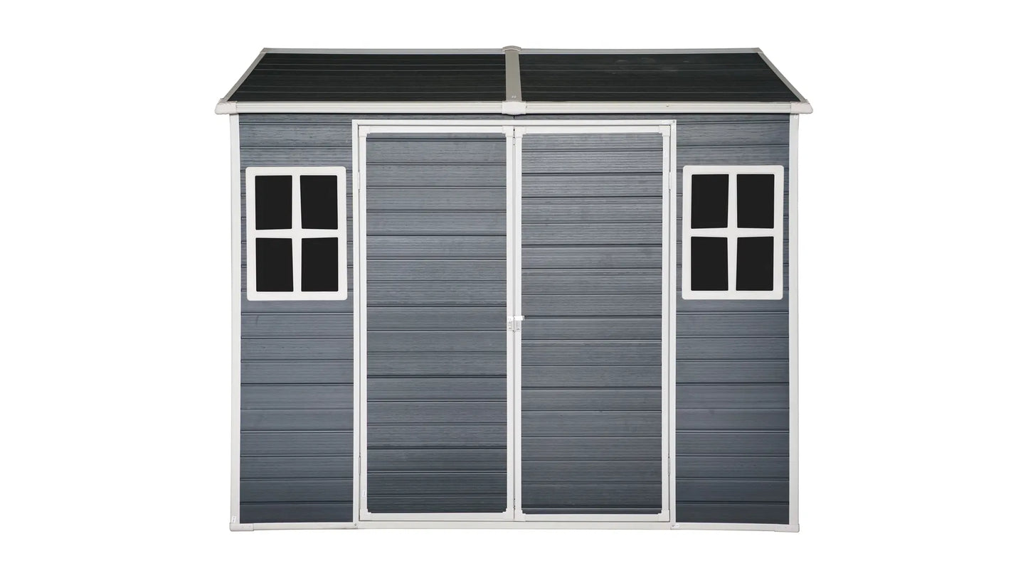 8x6ft Outdoor Resin Garden Shed with Floor and 2 Windows, Plastic Patio Outdoor Storage Shed with Lockable Door for Garden Tools, Bicycles, Trash Cans, Dark Grey