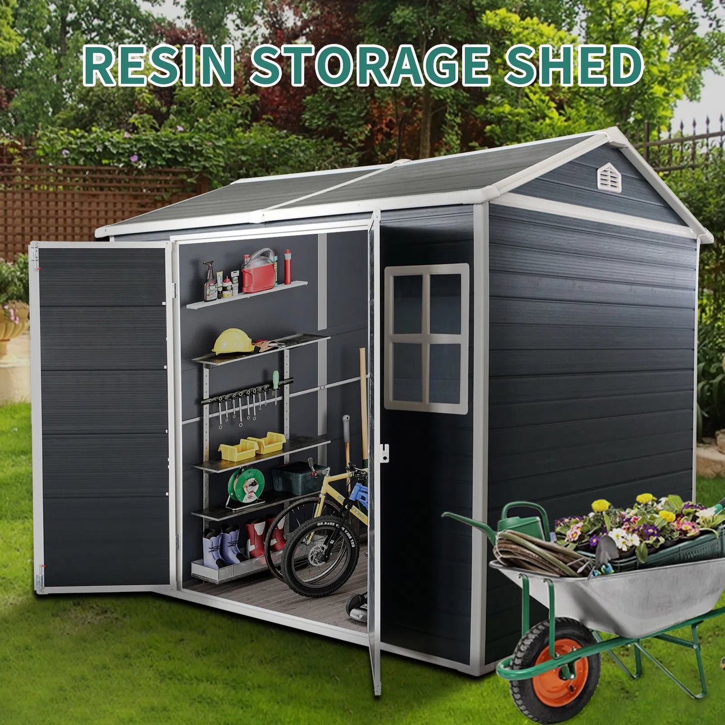 8x6ft Outdoor Resin Garden Shed with Floor and 2 Windows, Plastic Patio Outdoor Storage Shed with Lockable Door for Garden Tools, Bicycles, Trash Cans, Dark Grey