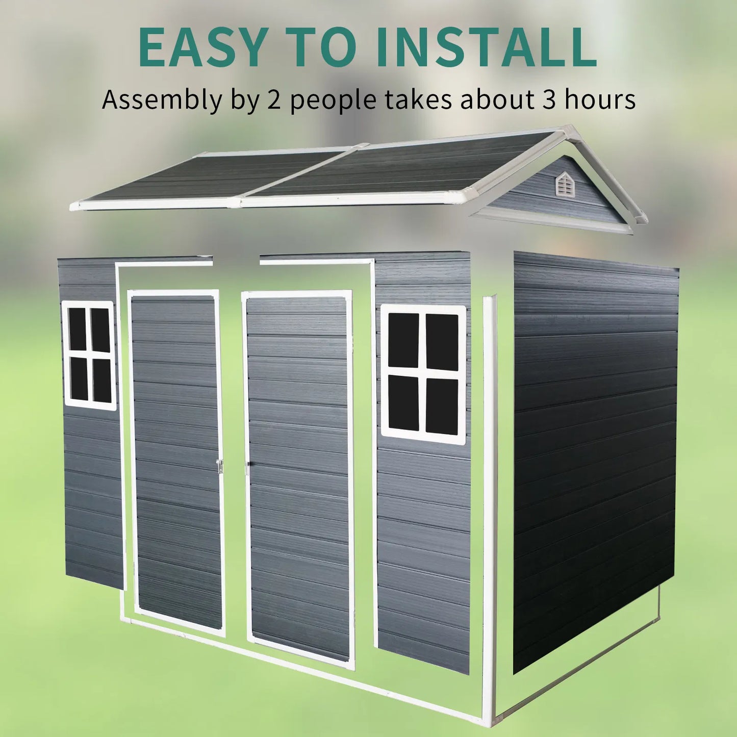 8x6ft Outdoor Resin Garden Shed with Floor and 2 Windows, Plastic Patio Outdoor Storage Shed with Lockable Door for Garden Tools, Bicycles, Trash Cans, Dark Grey