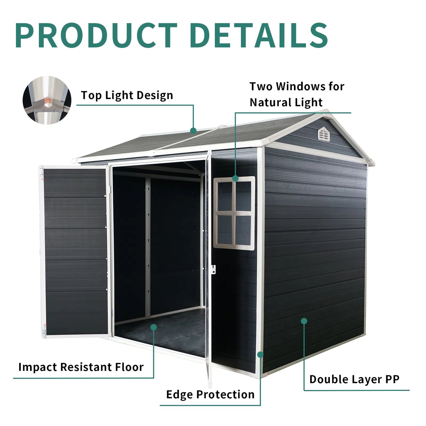 8x6ft Outdoor Resin Garden Shed with Floor and 2 Windows, Plastic Patio Outdoor Storage Shed with Lockable Door for Garden Tools, Bicycles, Trash Cans, Dark Grey