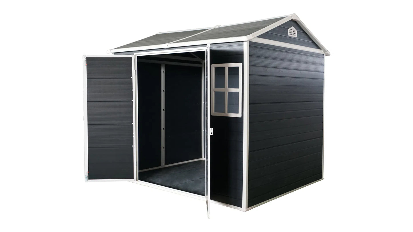 8x6ft Outdoor Resin Garden Shed with Floor and 2 Windows, Plastic Patio Outdoor Storage Shed with Lockable Door for Garden Tools, Bicycles, Trash Cans, Dark Grey