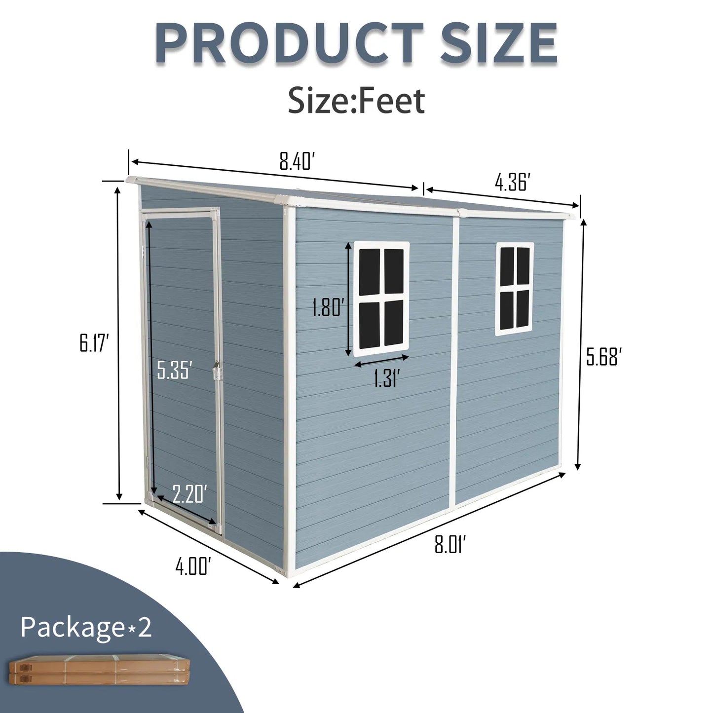 4x8ft Outdoor Storage Shed with Floor Resin shed with Two-Window, Waterproof ,Lockable Doors for Patio, Yard, Lawn ---Gray