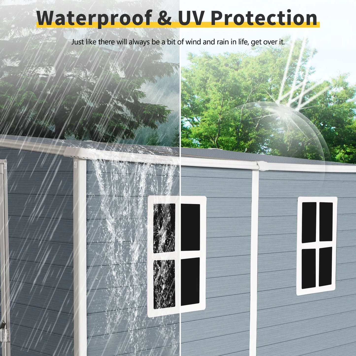 4x8ft Outdoor Storage Shed with Floor Resin shed with Two-Window, Waterproof ,Lockable Doors for Patio, Yard, Lawn ---Gray