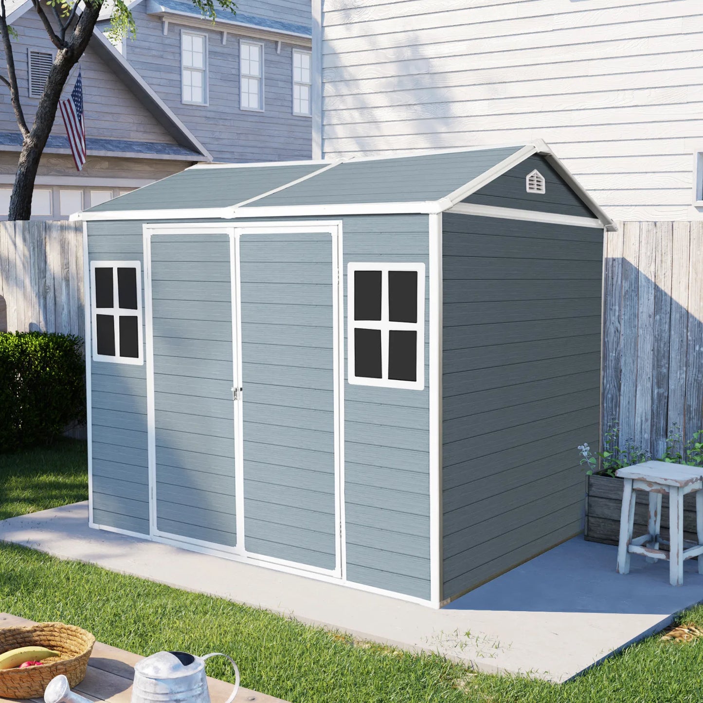 8 x 6 ft Resin Outdoor Storage Shed Waterproof Shed with Floor & Two Windows & Lockable Door, Tool Shed for Garden, Patio, Backyard, Gray