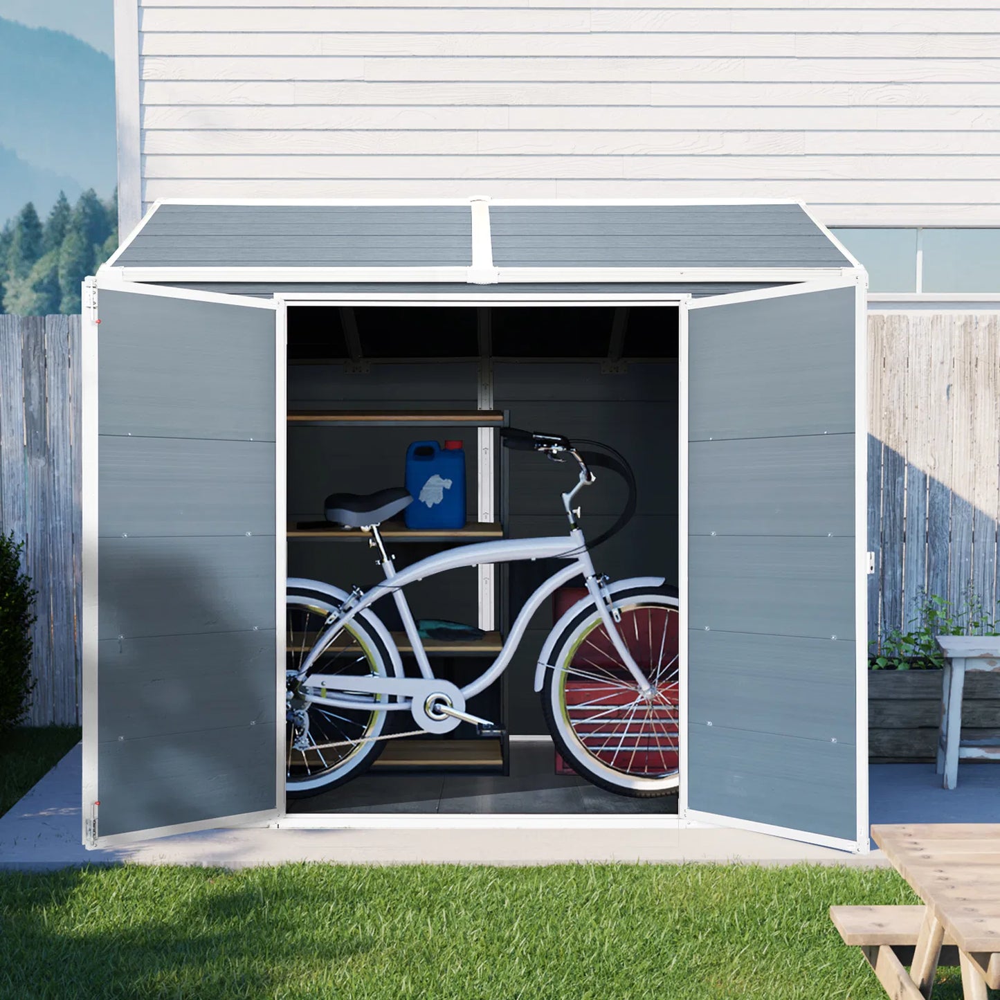 8 x 6 ft Resin Outdoor Storage Shed Waterproof Shed with Floor & Two Windows & Lockable Door, Tool Shed for Garden, Patio, Backyard, Gray