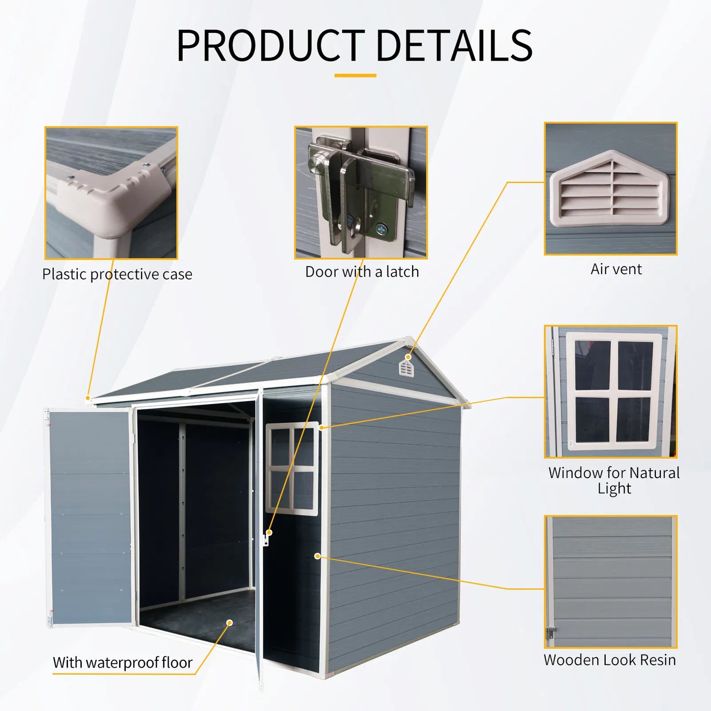 8 x 6 ft Resin Outdoor Storage Shed Waterproof Shed with Floor & Two Windows & Lockable Door, Tool Shed for Garden, Patio, Backyard, Gray