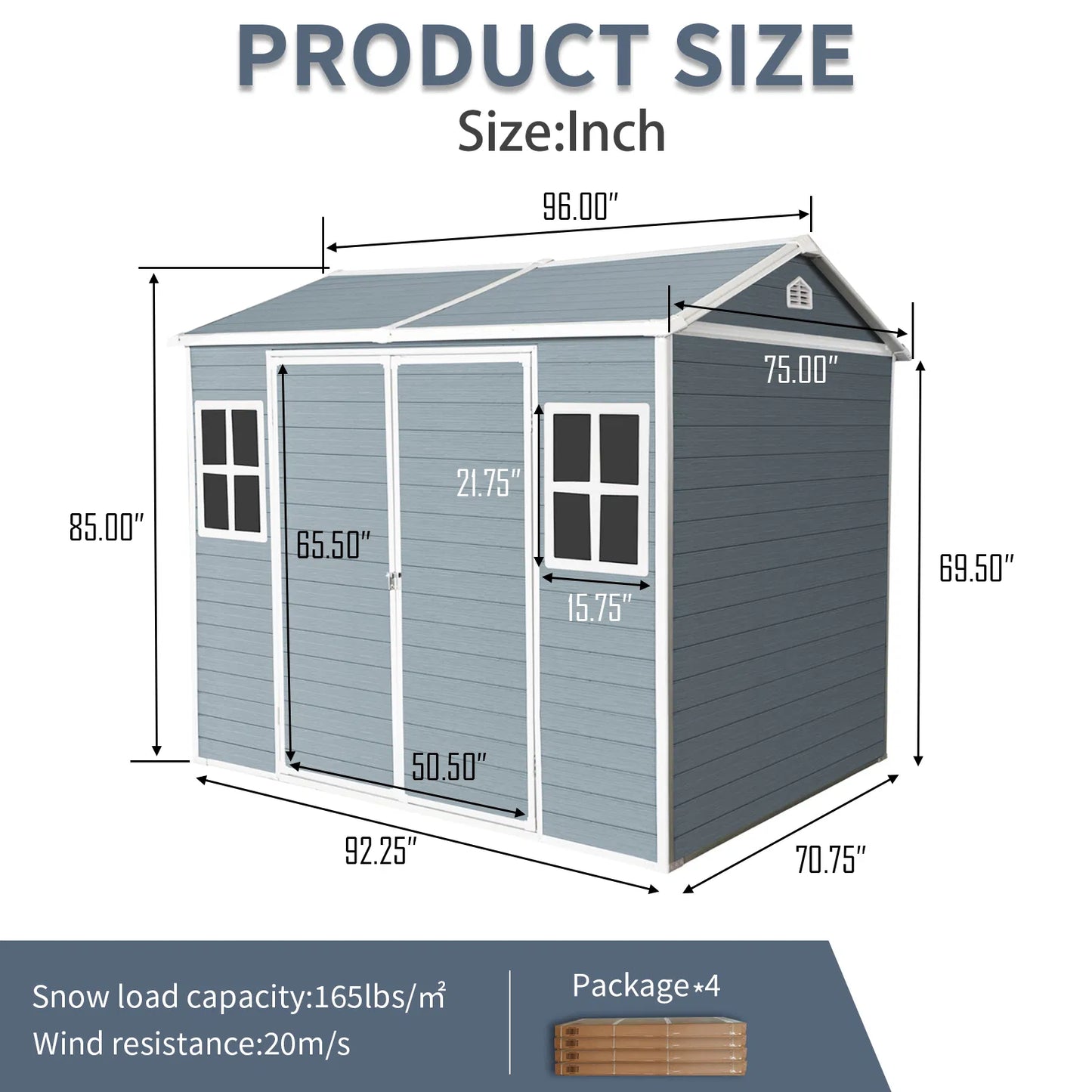 8 x 6 ft Resin Outdoor Storage Shed Waterproof Shed with Floor & Two Windows & Lockable Door, Tool Shed for Garden, Patio, Backyard, Gray