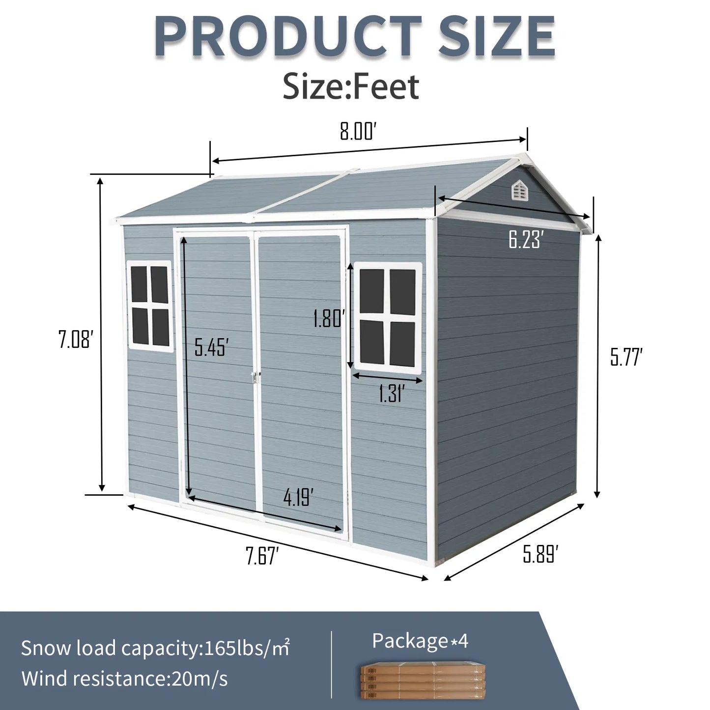 8 x 6 ft Resin Outdoor Storage Shed Waterproof Shed with Floor & Two Windows & Lockable Door, Tool Shed for Garden, Patio, Backyard, Gray