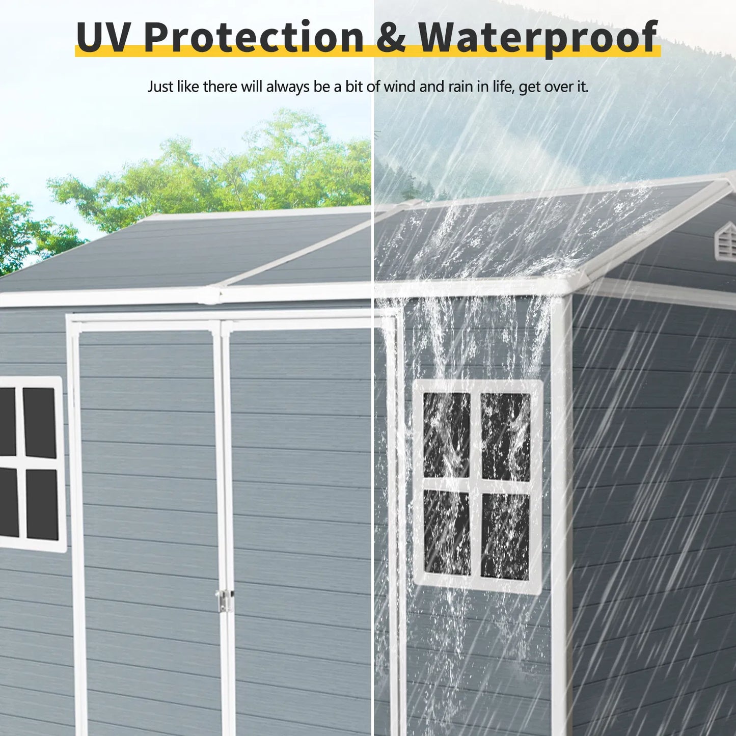 8 x 6 ft Resin Outdoor Storage Shed Waterproof Shed with Floor & Two Windows & Lockable Door, Tool Shed for Garden, Patio, Backyard, Gray