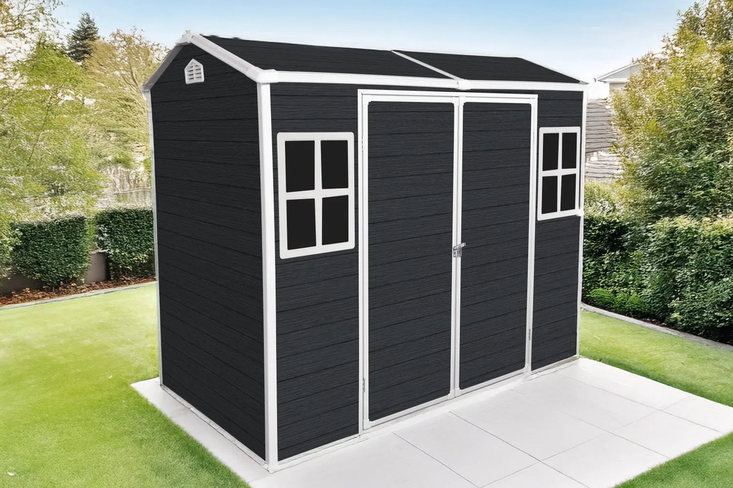 8x4ft Outdoor Resin Garden Shed with Floor and 2 Windows, Plastic Patio Outdoor Storage Shed with Lockable Door for Garden Tools, Bicycles, Trash Cans, Black