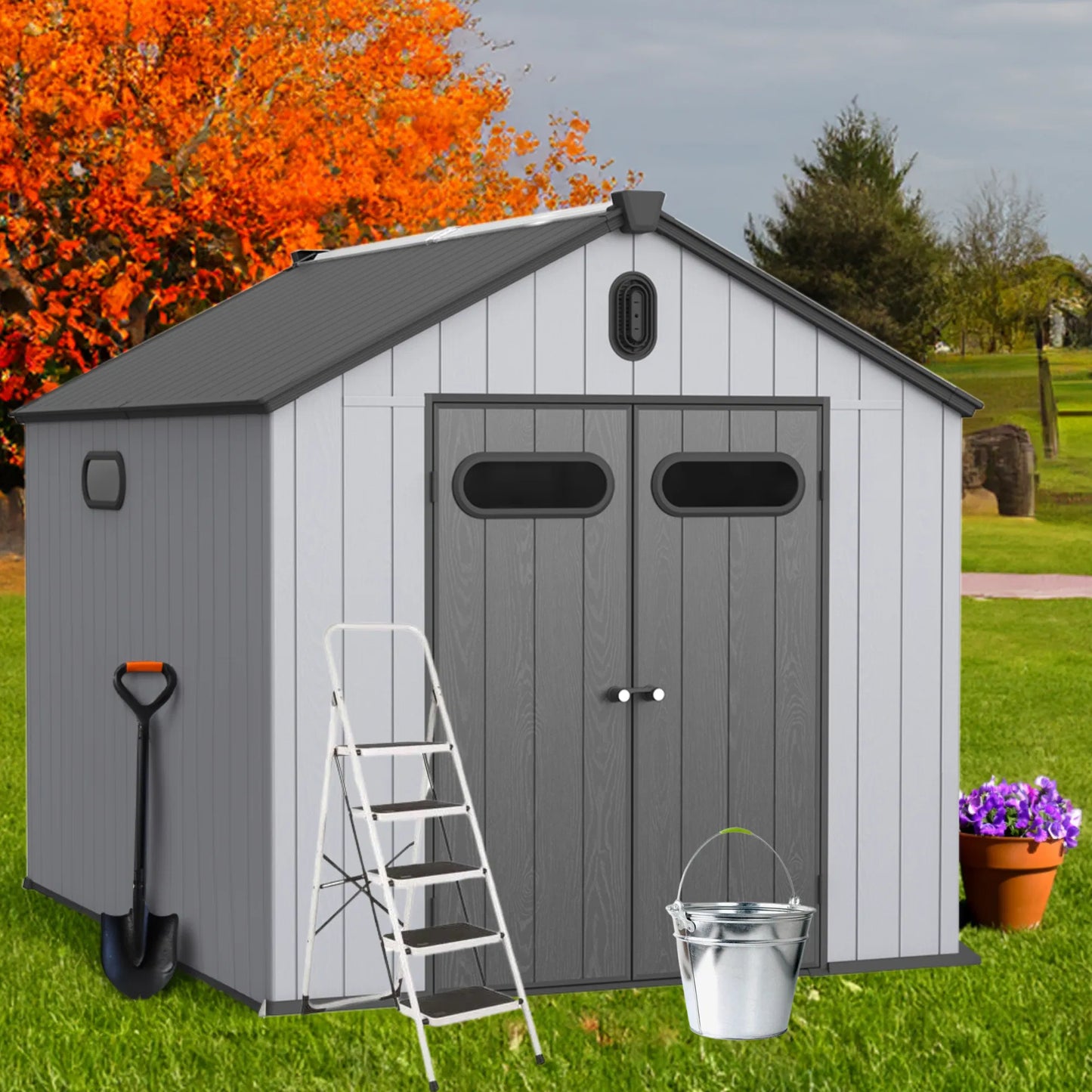 XWT013-1 8*10ft plastic storage shed for backyard garden big spire Tool storage