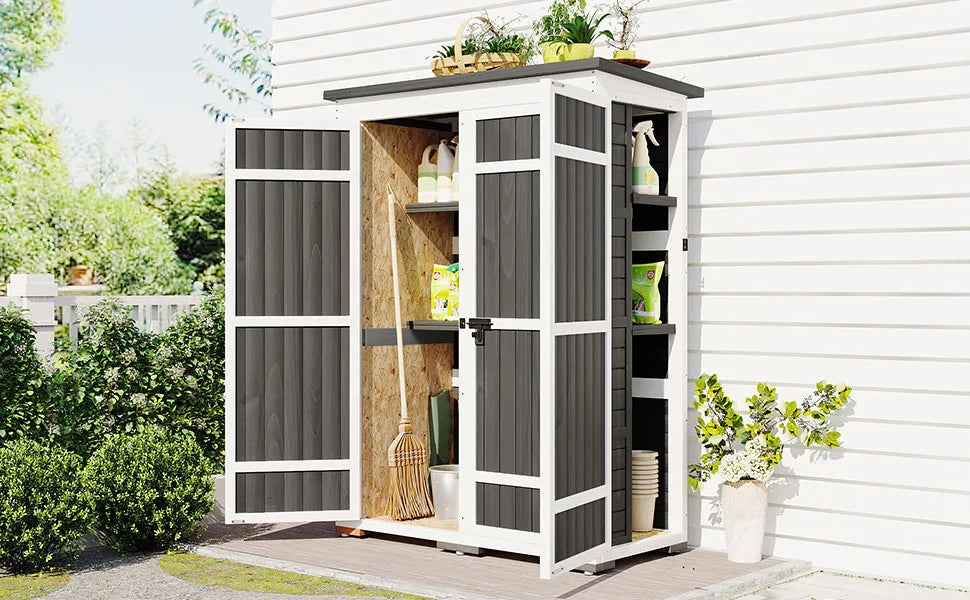 TOPMAX Outdoor 5.5ft Hx4.1ft L Wood Storage Shed, Garden Tool Cabinet with Waterproof Asphalt Roof, Four Lockable Doors, Multiple-tier Shelves, White and Gray