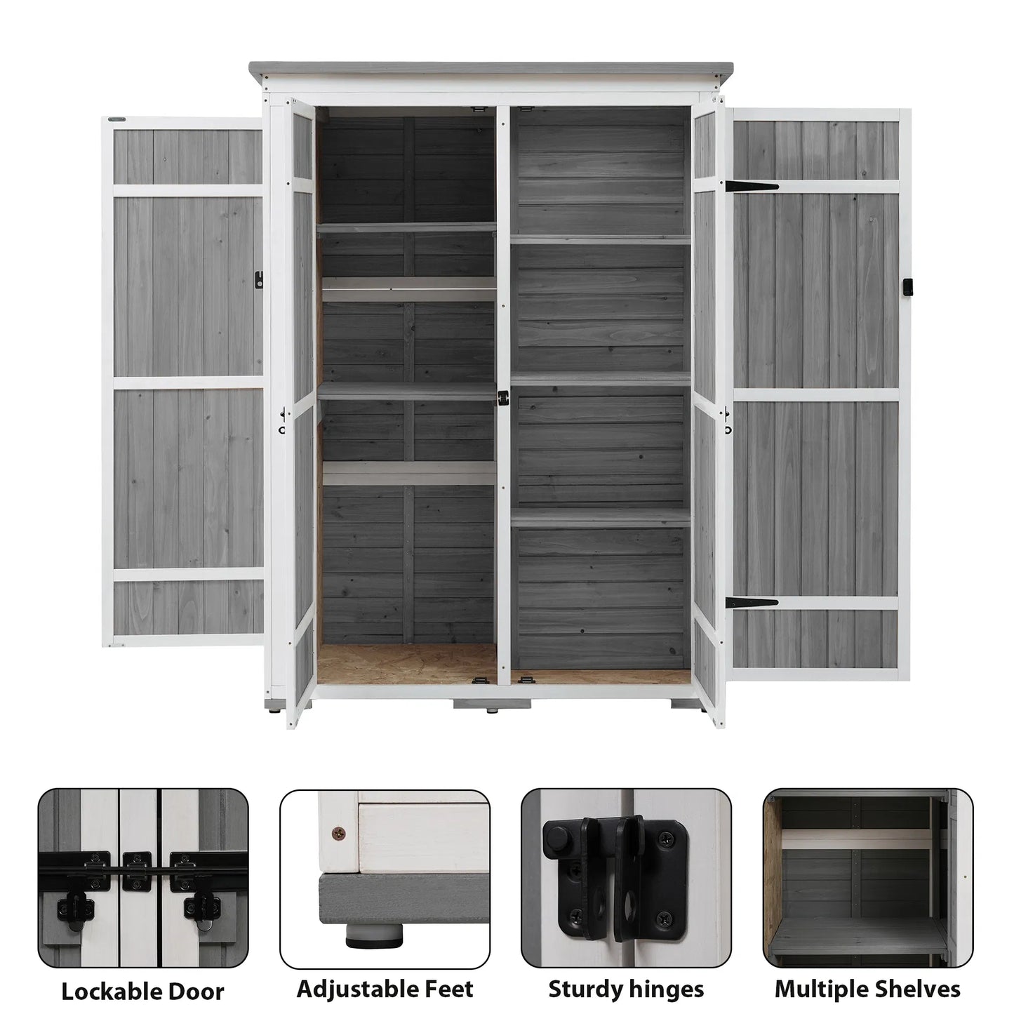 TOPMAX Outdoor 5.5ft Hx4.1ft L Wood Storage Shed, Garden Tool Cabinet with Waterproof Asphalt Roof, Four Lockable Doors, Multiple-tier Shelves, White and Gray