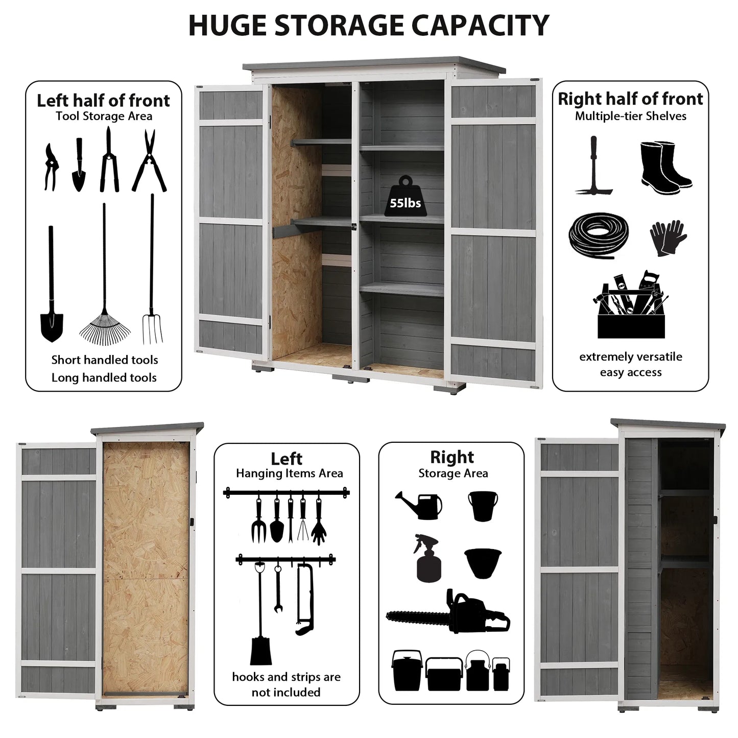 TOPMAX Outdoor 5.5ft Hx4.1ft L Wood Storage Shed, Garden Tool Cabinet with Waterproof Asphalt Roof, Four Lockable Doors, Multiple-tier Shelves, White and Gray