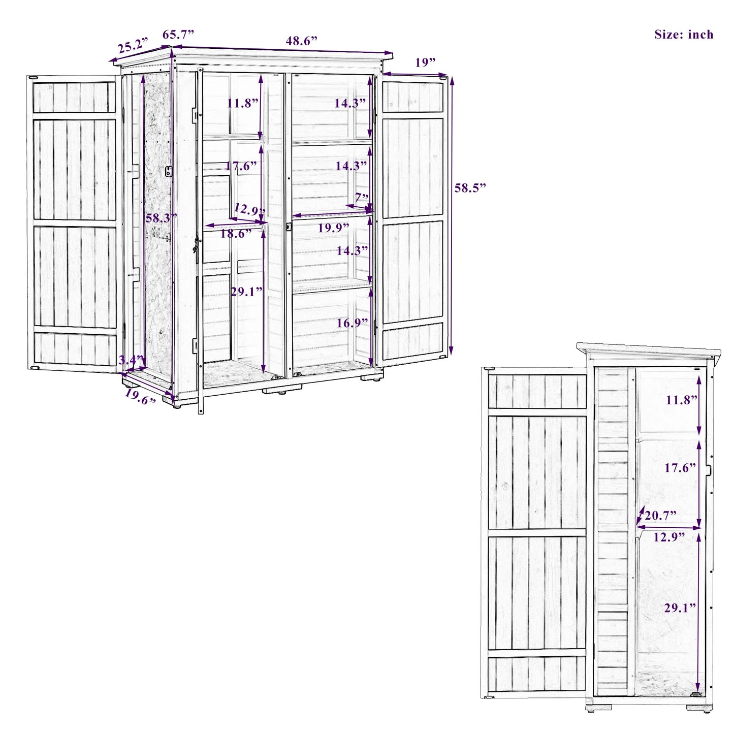 TOPMAX Outdoor 5.5ft Hx4.1ft L Wood Storage Shed, Garden Tool Cabinet with Waterproof Asphalt Roof, Four Lockable Doors, Multiple-tier Shelves, White and Gray