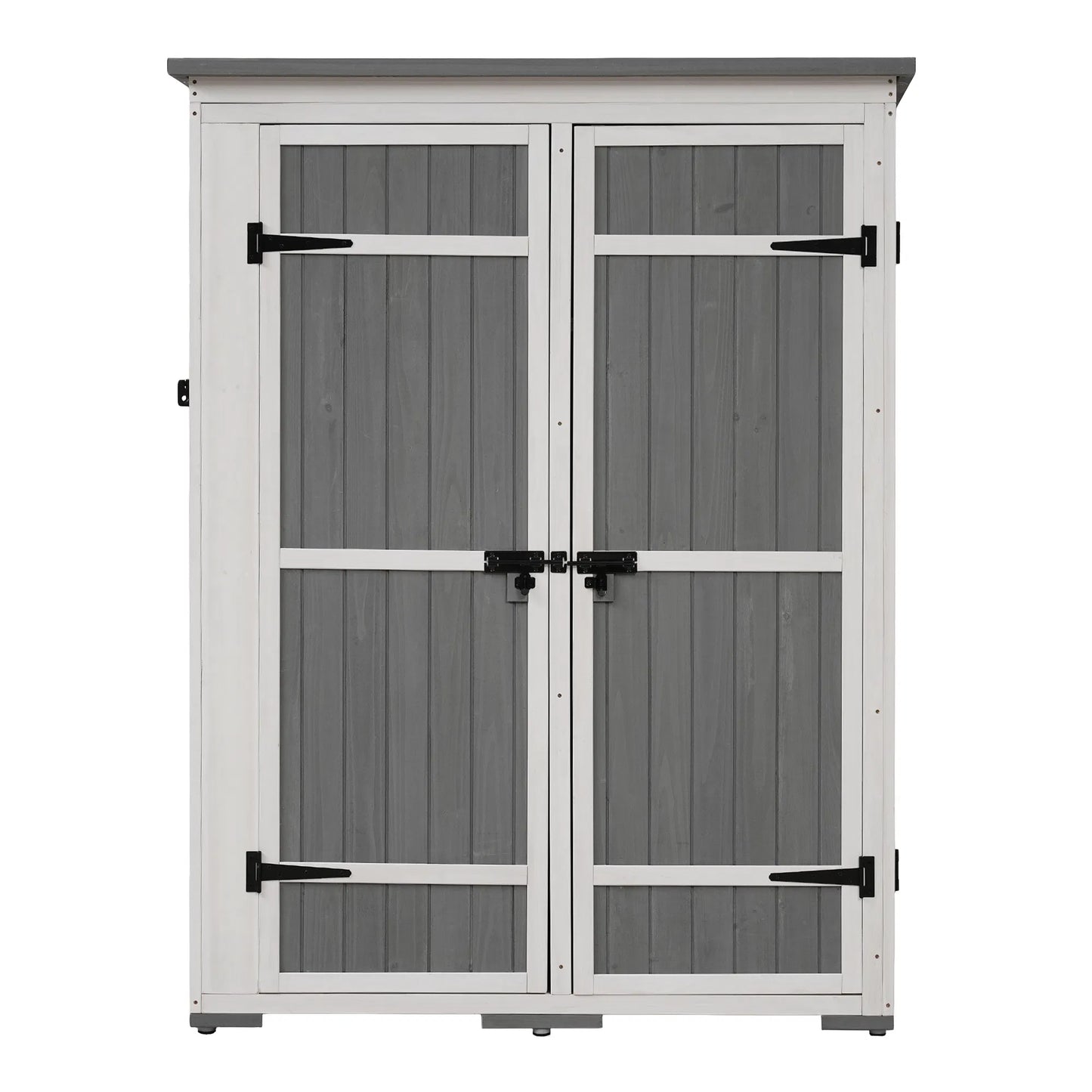 TOPMAX Outdoor 5.5ft Hx4.1ft L Wood Storage Shed, Garden Tool Cabinet with Waterproof Asphalt Roof, Four Lockable Doors, Multiple-tier Shelves, White and Gray