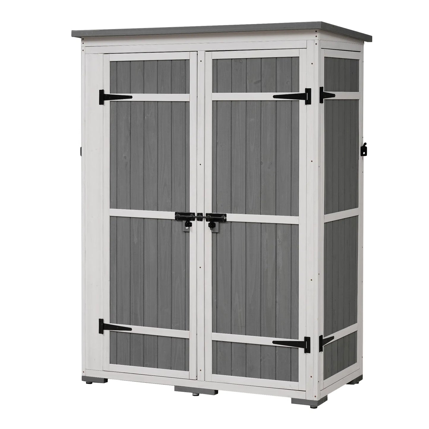 TOPMAX Outdoor 5.5ft Hx4.1ft L Wood Storage Shed, Garden Tool Cabinet with Waterproof Asphalt Roof, Four Lockable Doors, Multiple-tier Shelves, White and Gray