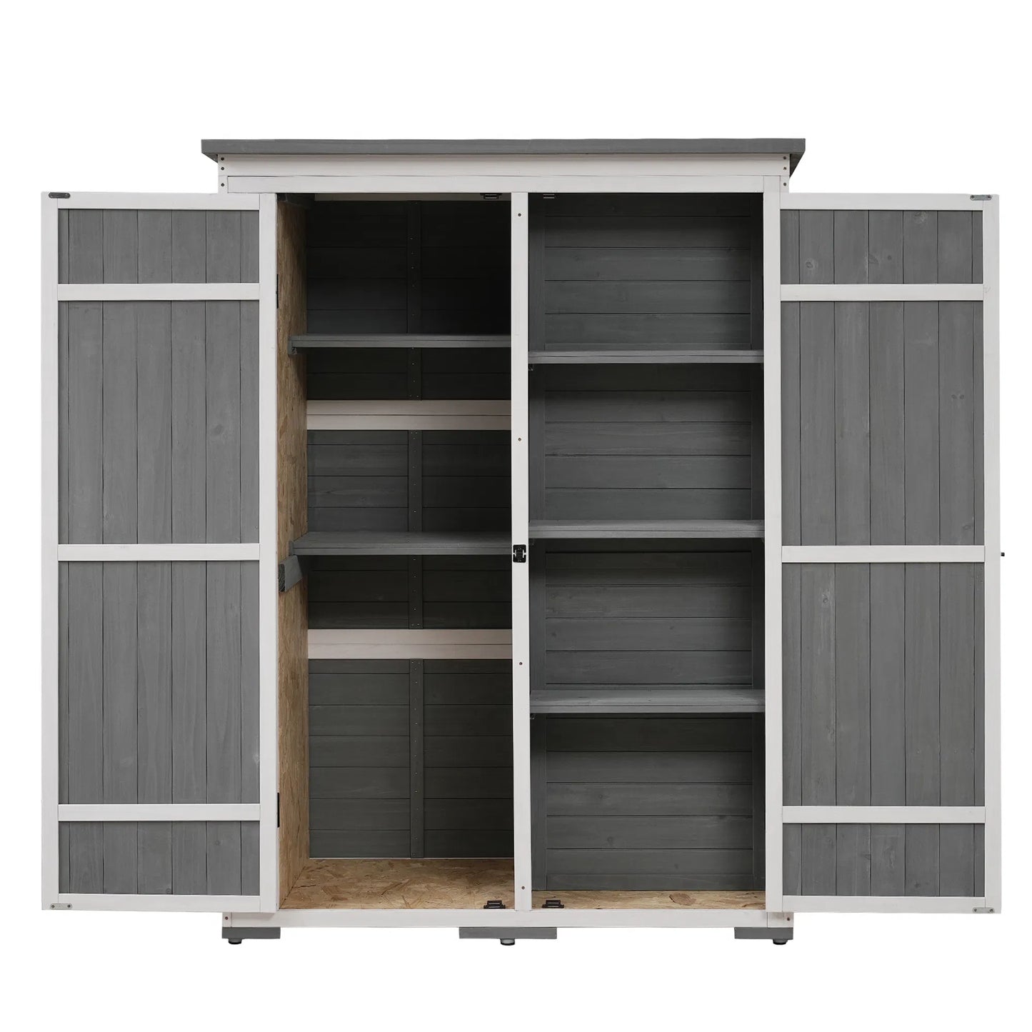 TOPMAX Outdoor 5.5ft Hx4.1ft L Wood Storage Shed, Garden Tool Cabinet with Waterproof Asphalt Roof, Four Lockable Doors, Multiple-tier Shelves, White and Gray