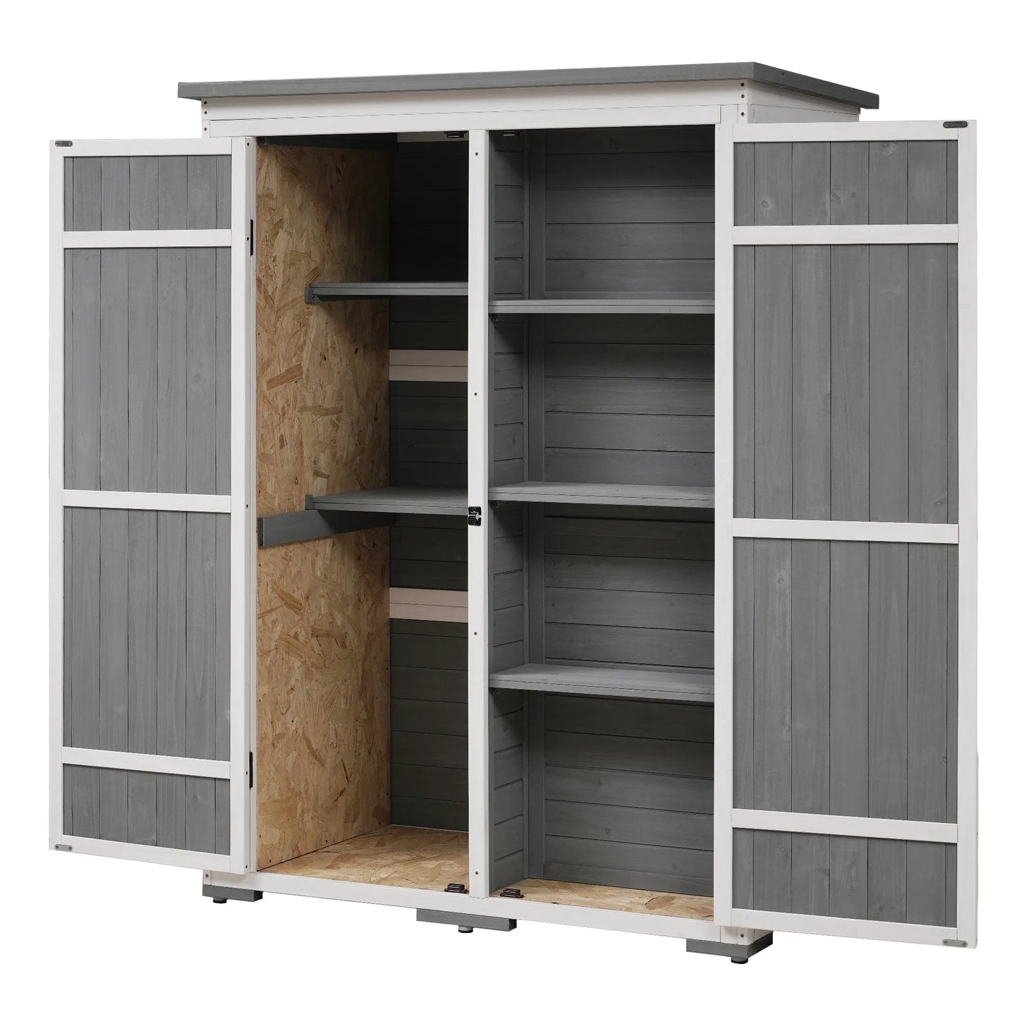 TOPMAX Outdoor 5.5ft Hx4.1ft L Wood Storage Shed, Garden Tool Cabinet with Waterproof Asphalt Roof, Four Lockable Doors, Multiple-tier Shelves, White and Gray