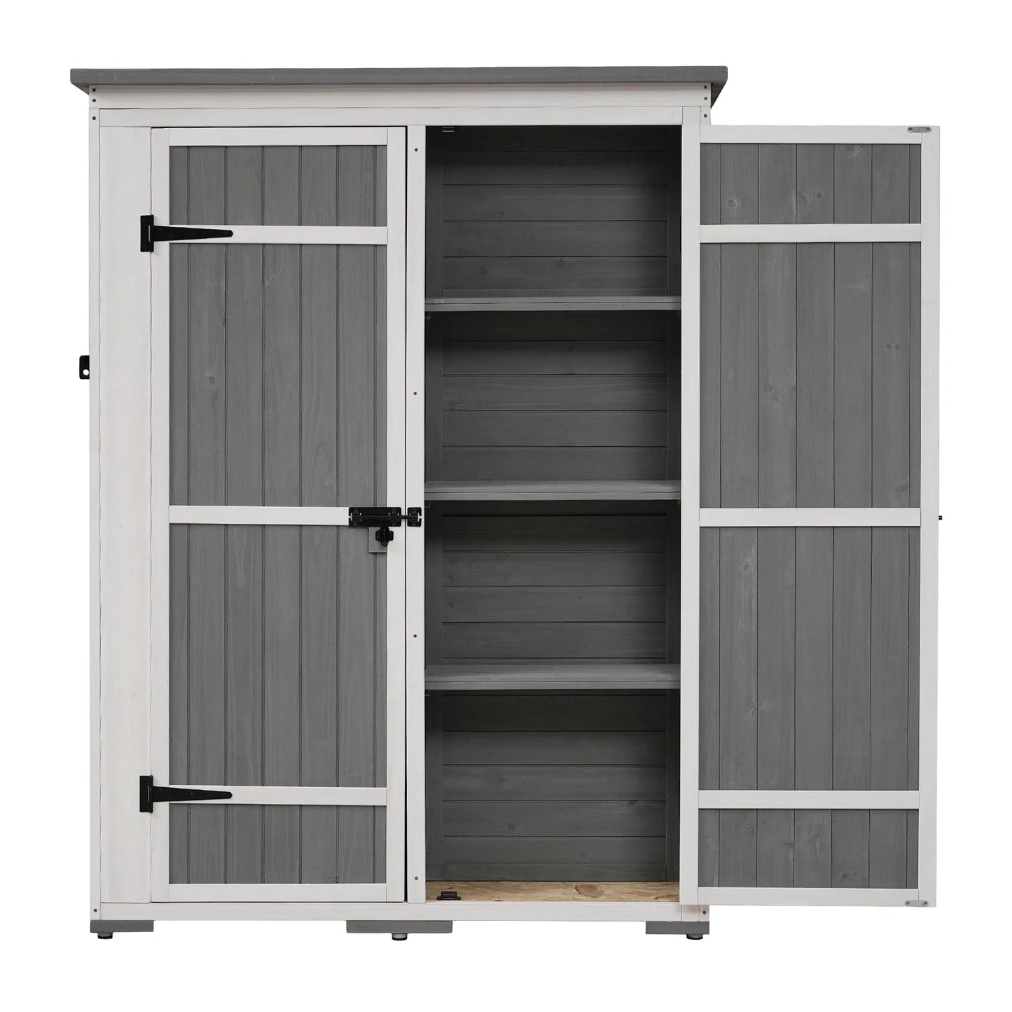 TOPMAX Outdoor 5.5ft Hx4.1ft L Wood Storage Shed, Garden Tool Cabinet with Waterproof Asphalt Roof, Four Lockable Doors, Multiple-tier Shelves, White and Gray