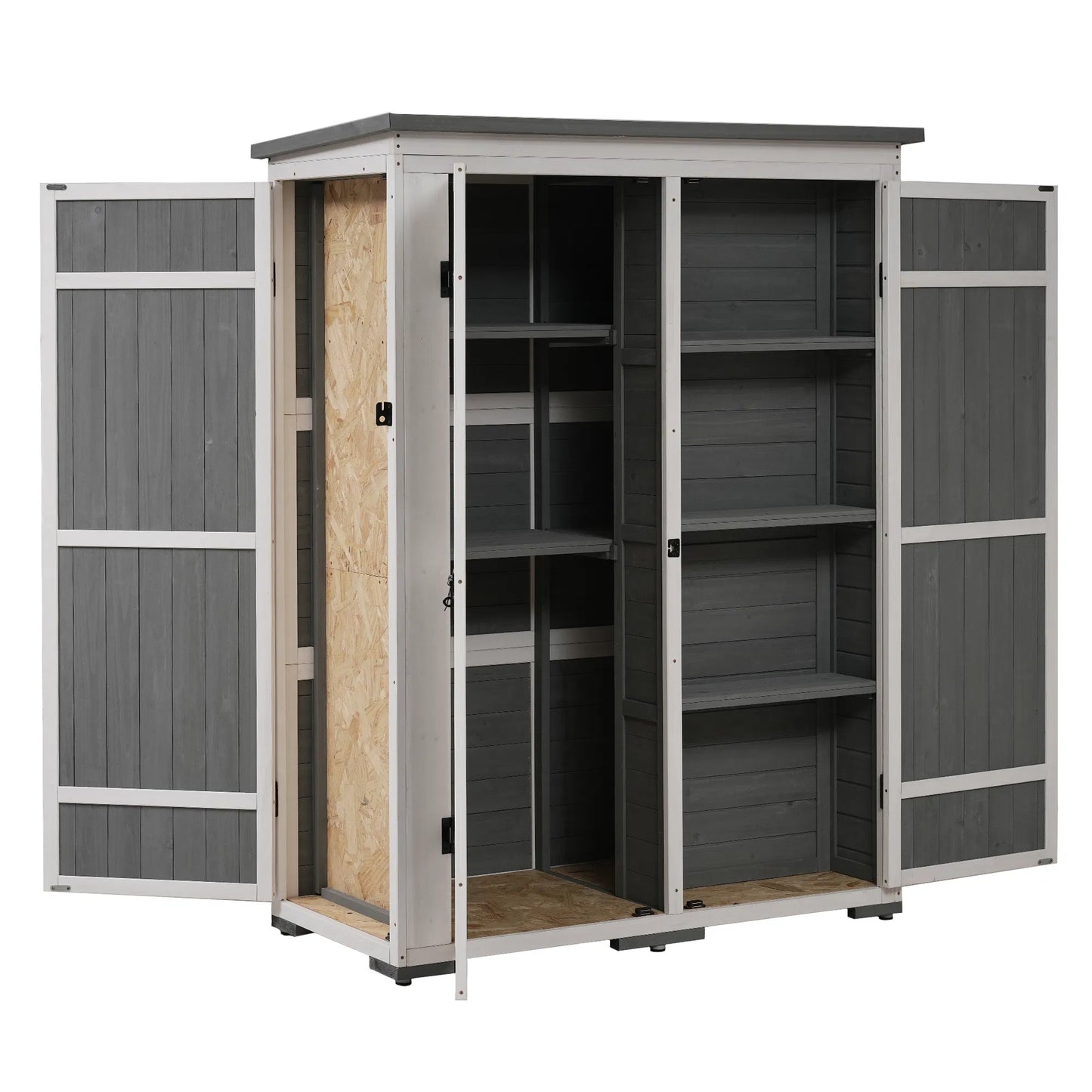 TOPMAX Outdoor 5.5ft Hx4.1ft L Wood Storage Shed, Garden Tool Cabinet with Waterproof Asphalt Roof, Four Lockable Doors, Multiple-tier Shelves, White and Gray