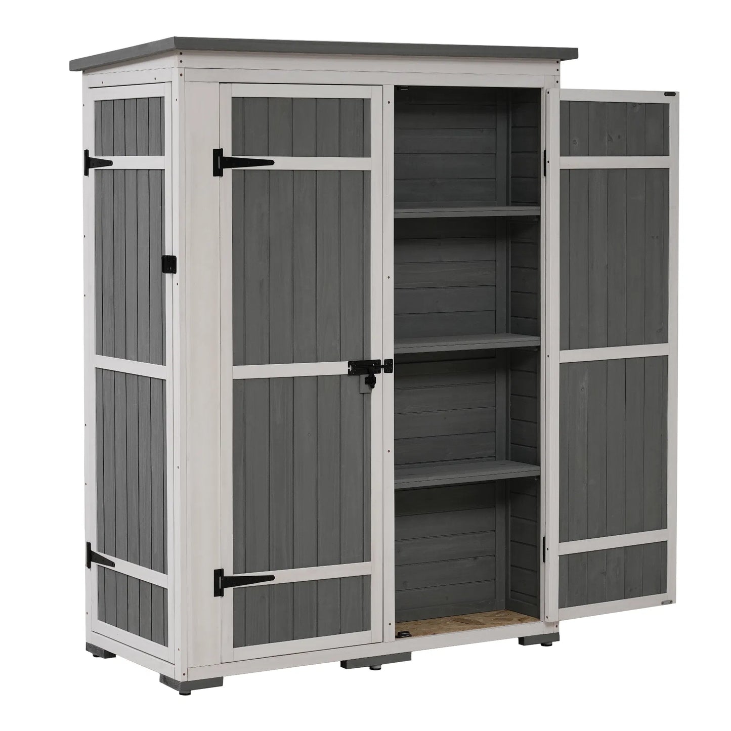 TOPMAX Outdoor 5.5ft Hx4.1ft L Wood Storage Shed, Garden Tool Cabinet with Waterproof Asphalt Roof, Four Lockable Doors, Multiple-tier Shelves, White and Gray