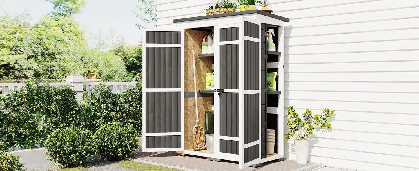 TOPMAX Outdoor 5.5ft Hx4.1ft L Wood Storage Shed, Garden Tool Cabinet with Waterproof Asphalt Roof, Four Lockable Doors, Multiple-tier Shelves, White and Gray