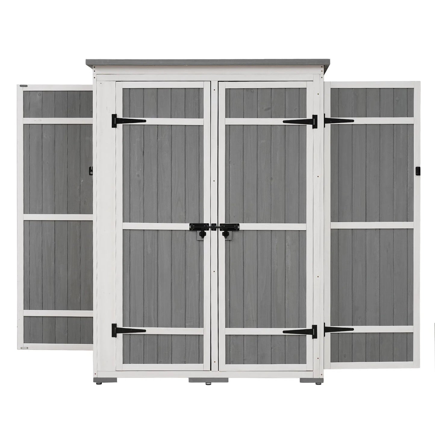 TOPMAX Outdoor 5.5ft Hx4.1ft L Wood Storage Shed, Garden Tool Cabinet with Waterproof Asphalt Roof, Four Lockable Doors, Multiple-tier Shelves, White and Gray