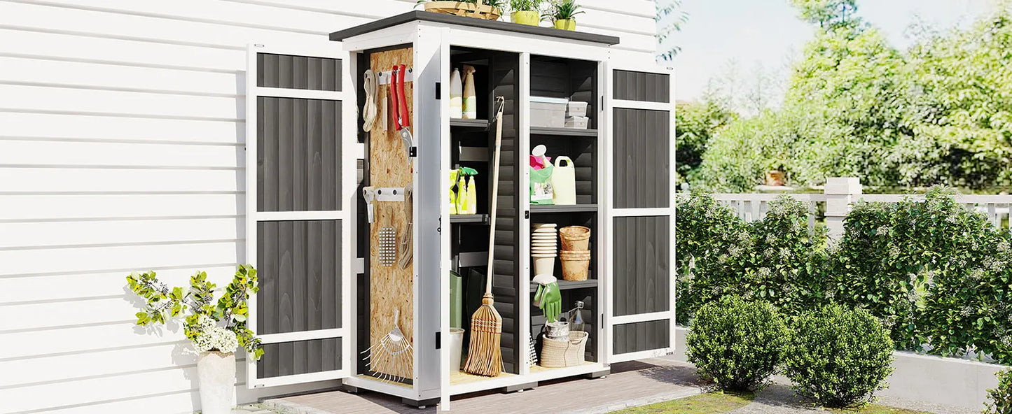 TOPMAX Outdoor 5.5ft Hx4.1ft L Wood Storage Shed, Garden Tool Cabinet with Waterproof Asphalt Roof, Four Lockable Doors, Multiple-tier Shelves, White and Gray