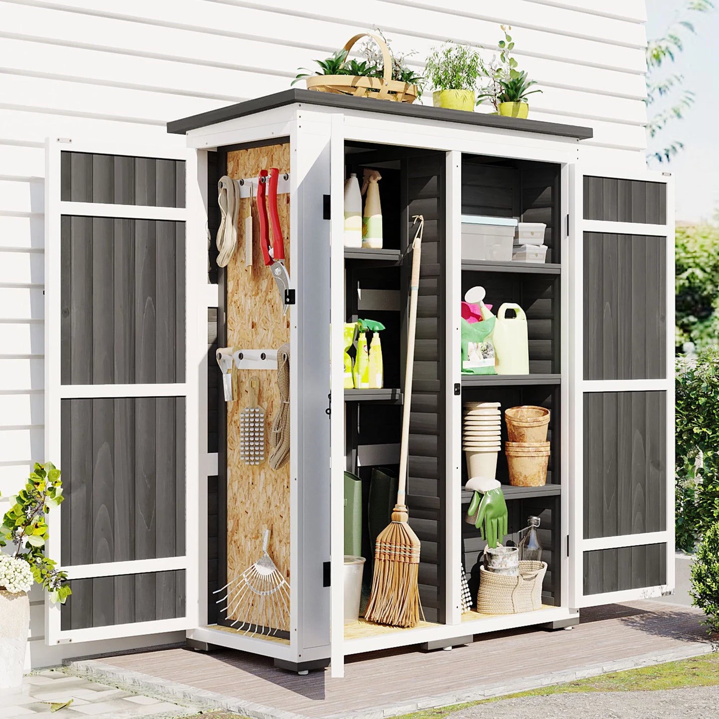 TOPMAX Outdoor 5.5ft Hx4.1ft L Wood Storage Shed, Garden Tool Cabinet with Waterproof Asphalt Roof, Four Lockable Doors, Multiple-tier Shelves, White and Gray