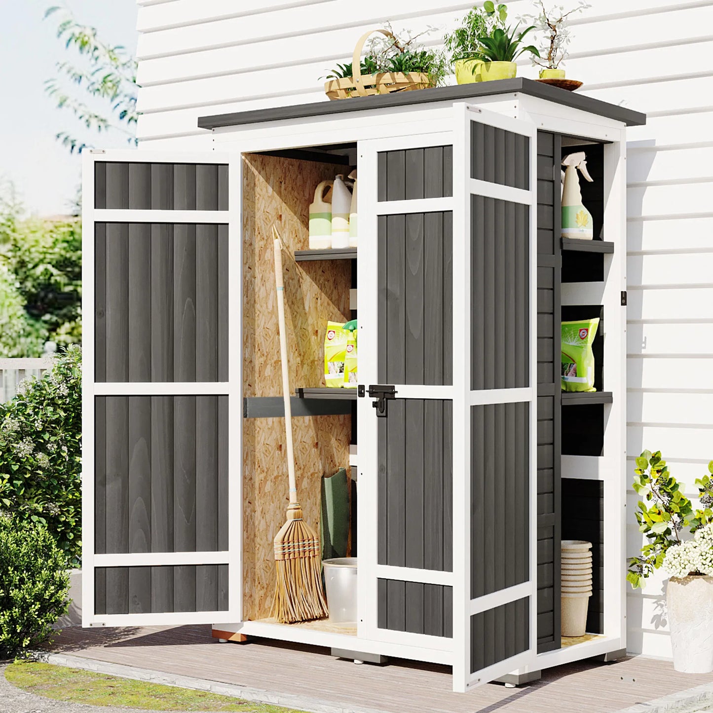 TOPMAX Outdoor 5.5ft Hx4.1ft L Wood Storage Shed, Garden Tool Cabinet with Waterproof Asphalt Roof, Four Lockable Doors, Multiple-tier Shelves, White and Gray