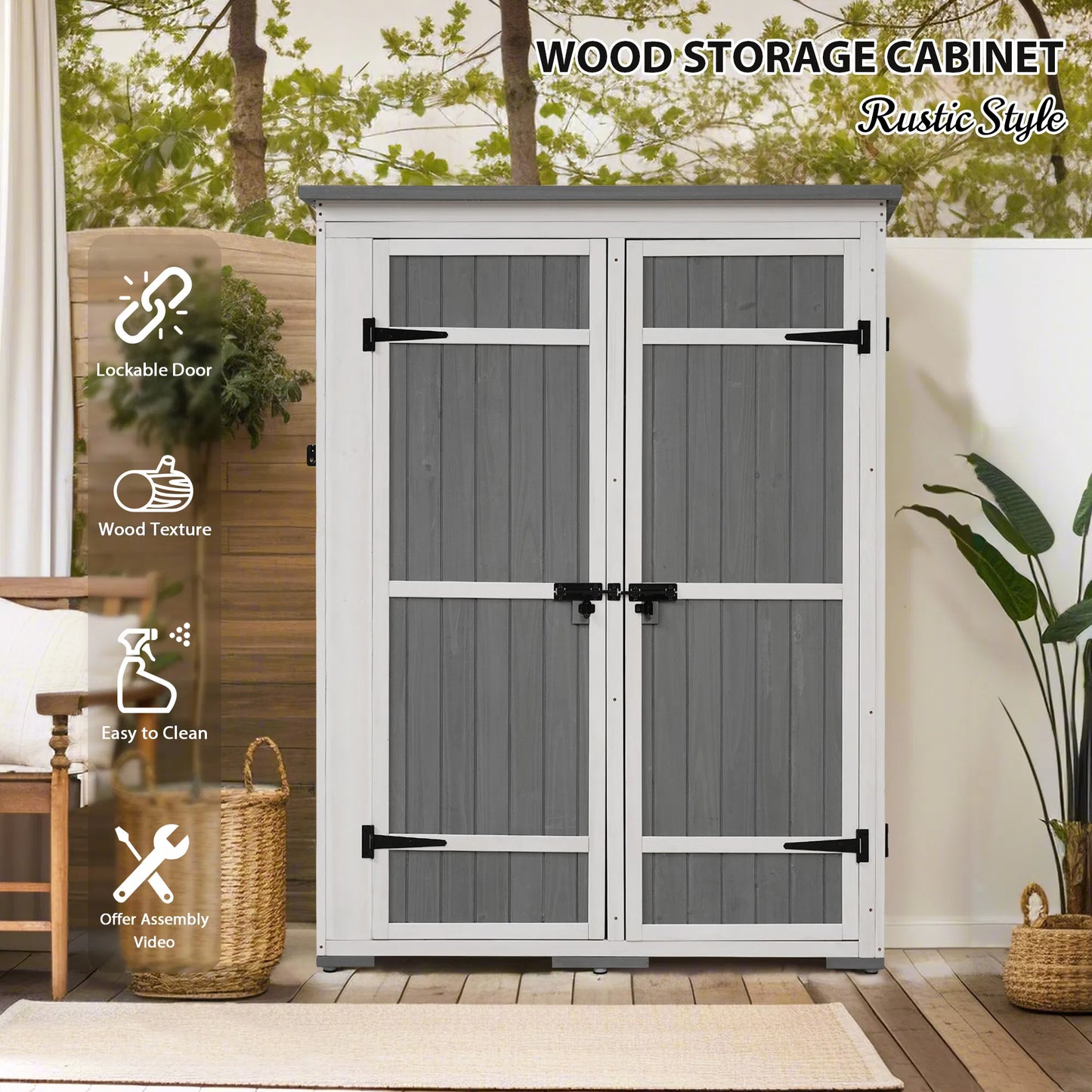 TOPMAX Outdoor 5.5ft Hx4.1ft L Wood Storage Shed, Garden Tool Cabinet with Waterproof Asphalt Roof, Four Lockable Doors, Multiple-tier Shelves, White and Gray