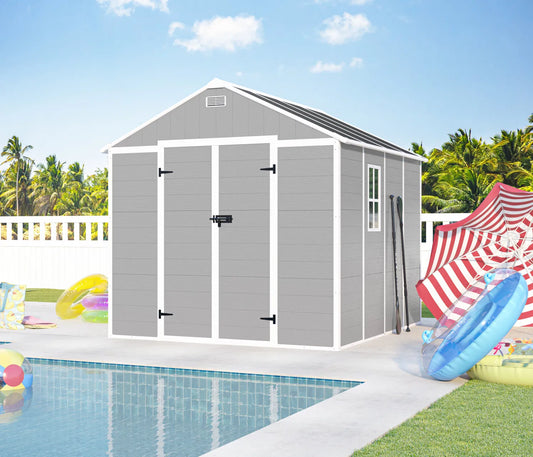 Campcraft 8*8ft resin storage shed, high quality pp material, strong structure, waterproof, rust and UV proof, large storage space, 12mm thick pp board, HD window lighting