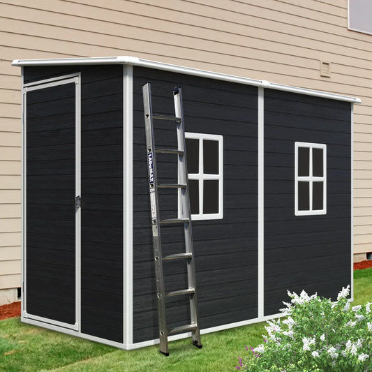 4x8ft Outdoor Storage Shed with Floor Resin shed with Two-Window, Waterproof ,Lockable Doors for Patio, Yard, Lawn ---Black
